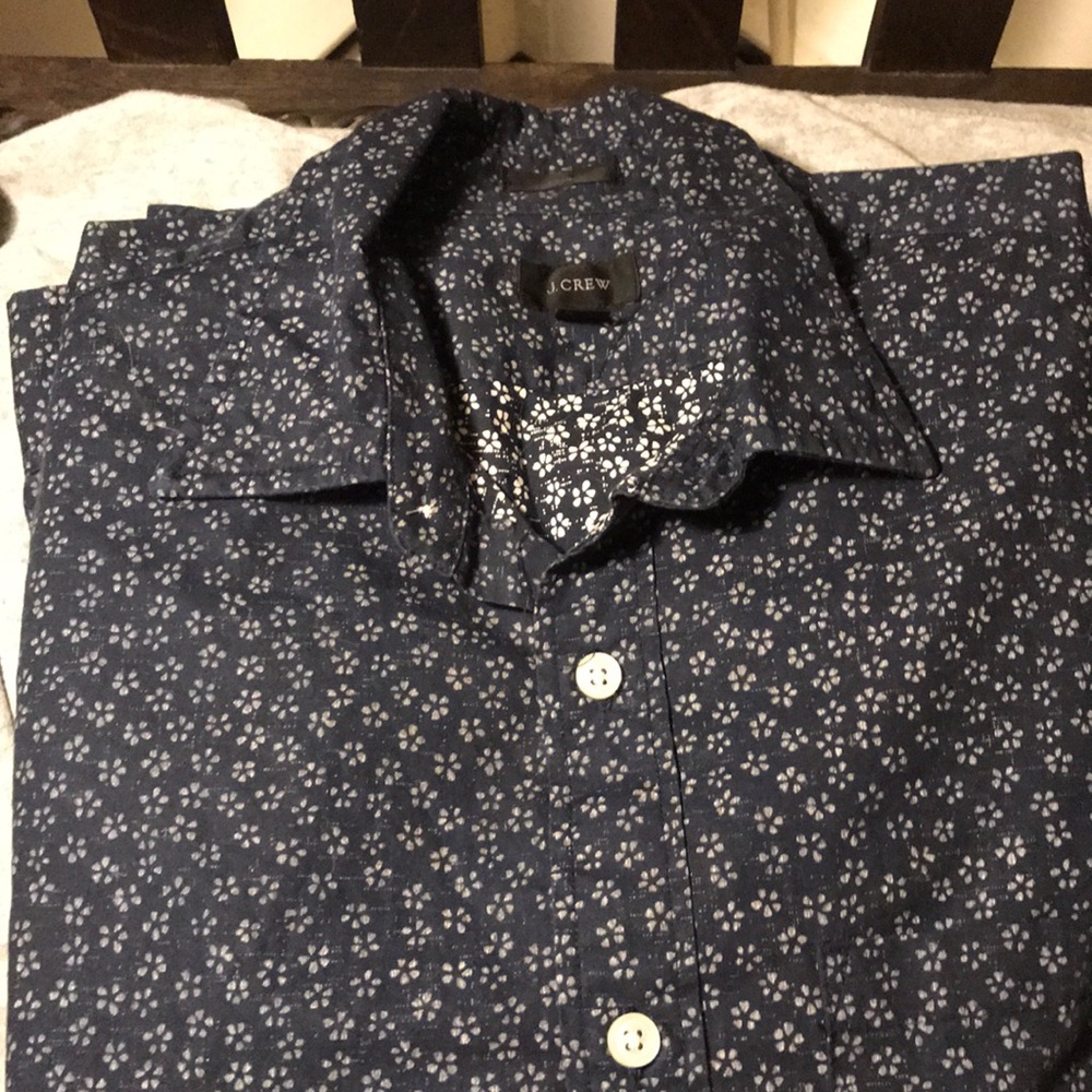 Indigo dyed flower printed button down shirt